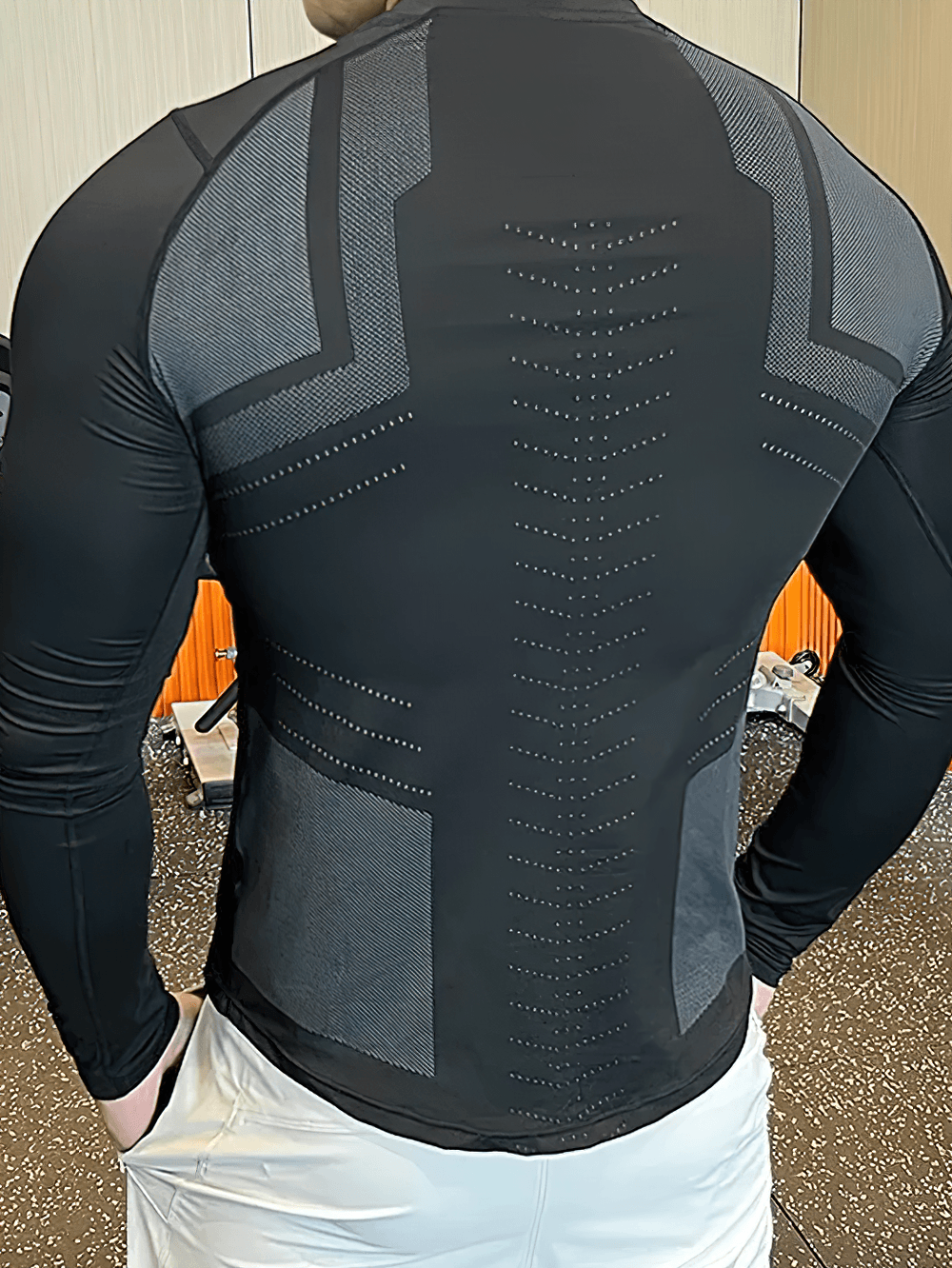 Men's Compression Long Sleeves Running Training Top - SF4585 back view showcasing tight fit and breathable panel details.