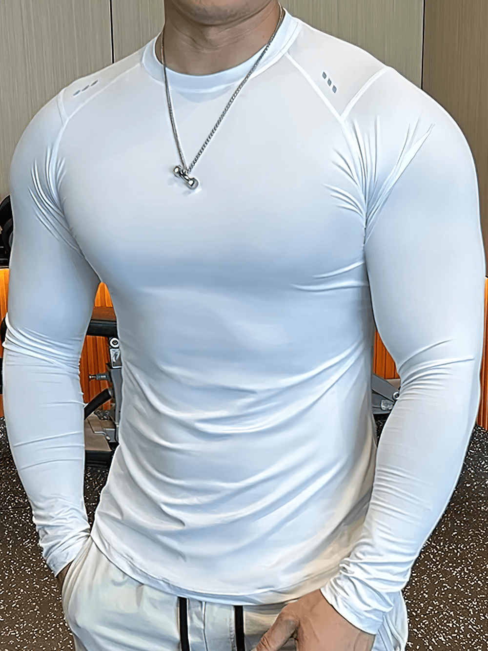 Men's Compression Long Sleeves Running Training Top - SF4585 shown in white, perfect for gym workouts and active sport routines.