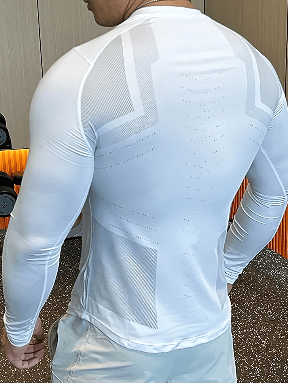 Men's Compression Long Sleeves Running Training Top - SF4585, back view of athletic tight fit shirt in a gym setting.