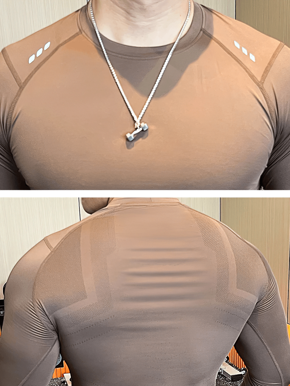 Men's Compression Long Sleeves Running Training Top - SF4585 showcasing its tight fit and breathable panel detailing.