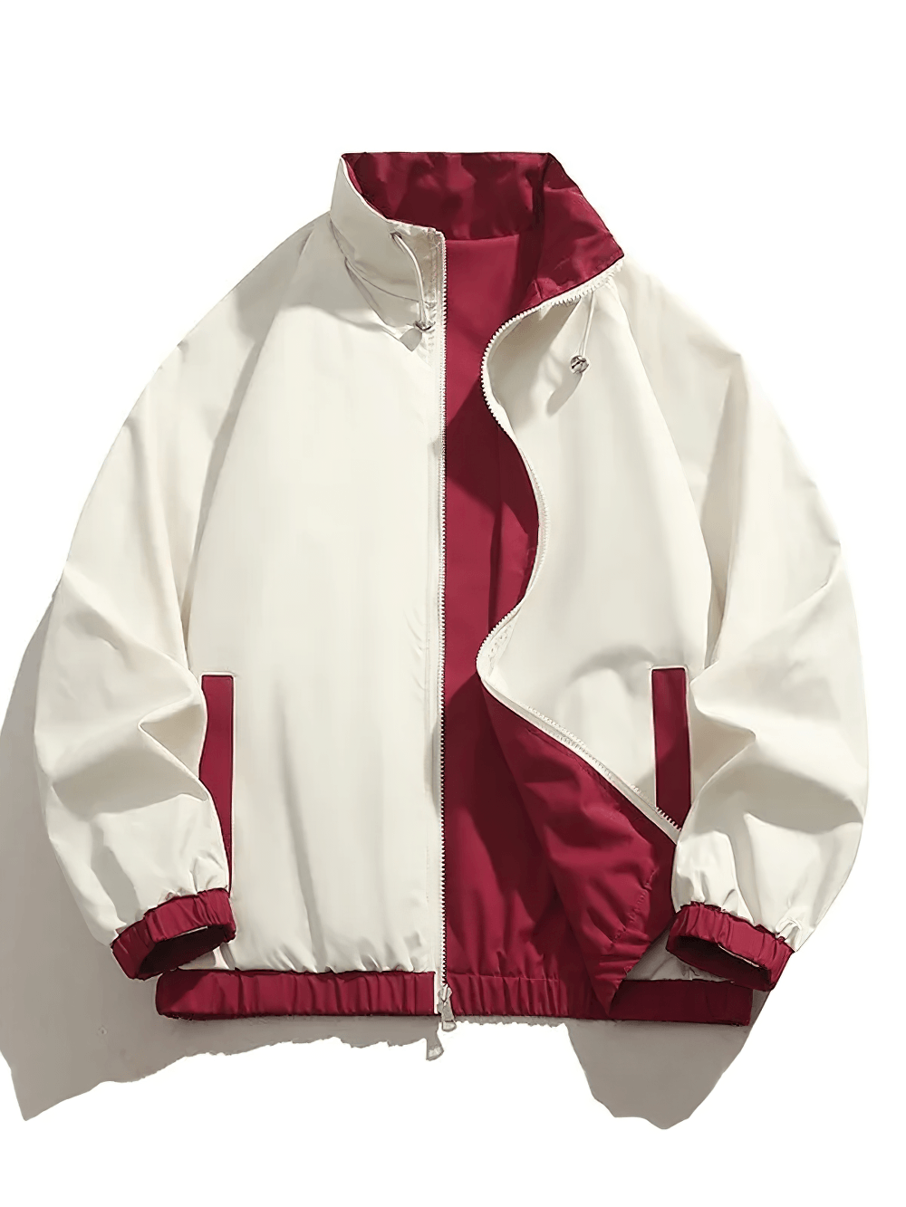 Men's Contrast Stand Collar Sport Jacket with Zip - SF4736 in cream and burgundy color.