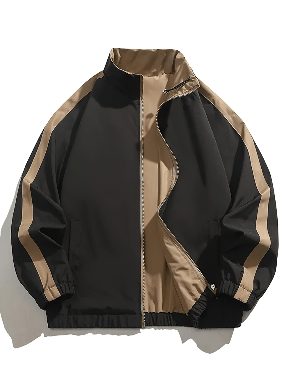 Men's Contrast Stand Collar Sport Jacket with Zip - SF4736 in black and beige color blocking, showcased unzipped.