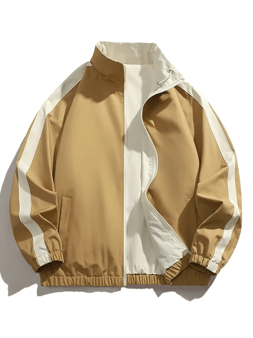 Men's Contrast Stand Collar Sport Jacket with Zip - SF4736 in tan and cream with full zipper and utility pockets.