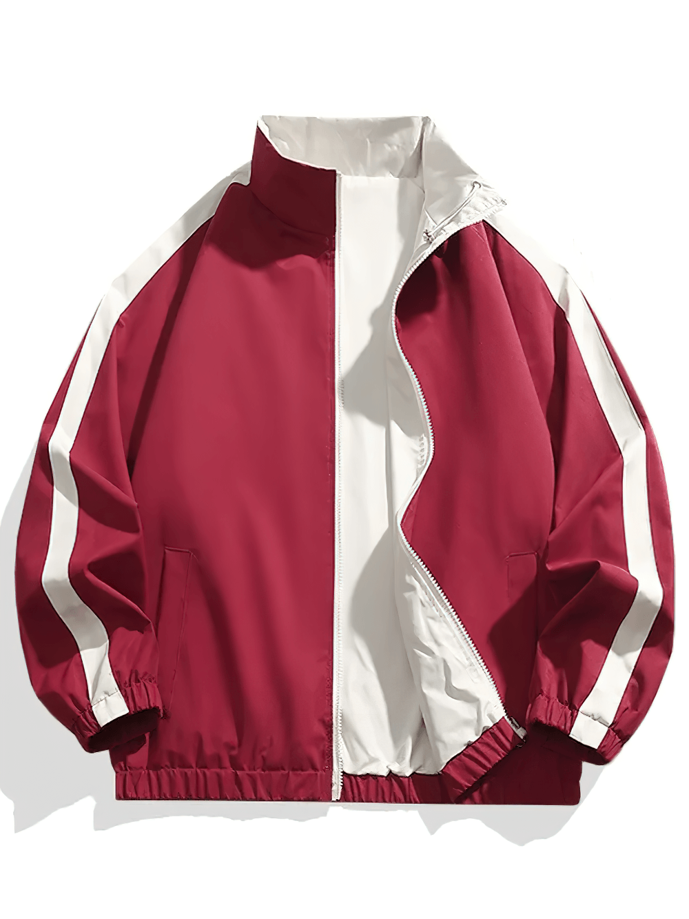 Men's Contrast Stand Collar Sport Jacket with Zip - SF4736 in red and white color block design, featuring utility pockets.