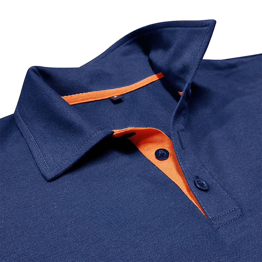 Men's Contrast Trim Short-Sleeved Polo Shirt - SF4351 navy polo collar close-up with orange contrast trim and button placket
