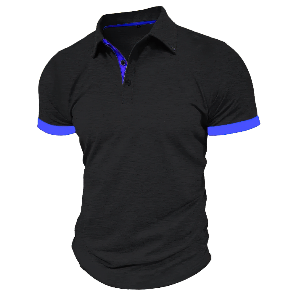 Alt Tag: Men's Contrast Trim Short-Sleeved Polo Shirt - SF4351 black short sleeve polo with blue contrast trim, button placket