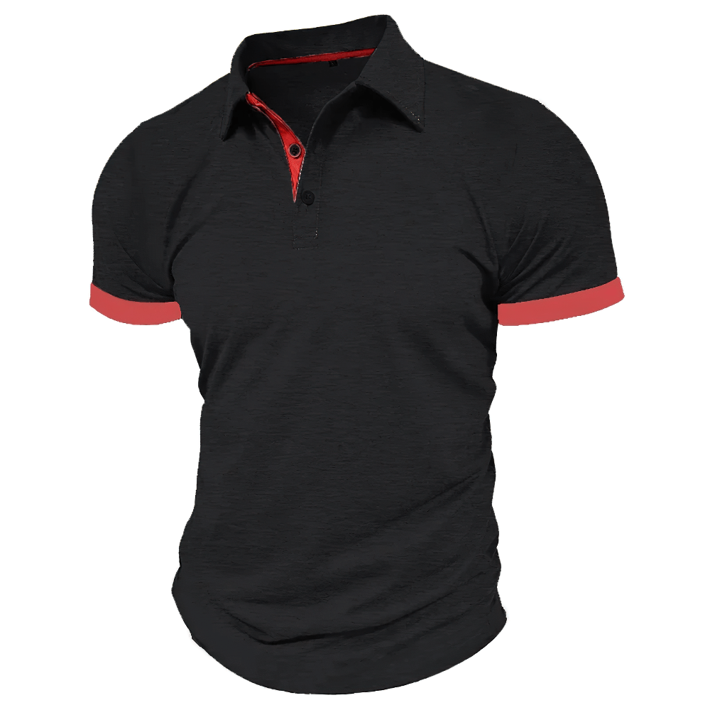Alt Tag: Men's Contrast Trim Short-Sleeved Polo Shirt - SF4351 black color block golf polo with red contrast trim collar and sleeves