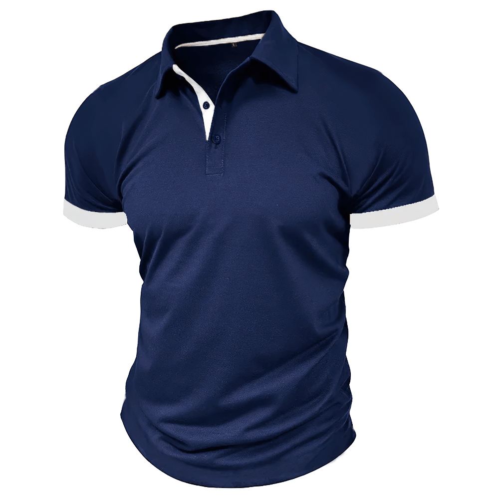 Alt Tag: Men's Contrast Trim Short-Sleeved Polo Shirt - SF4351 navy color block golf polo with white trim collar and sleeves