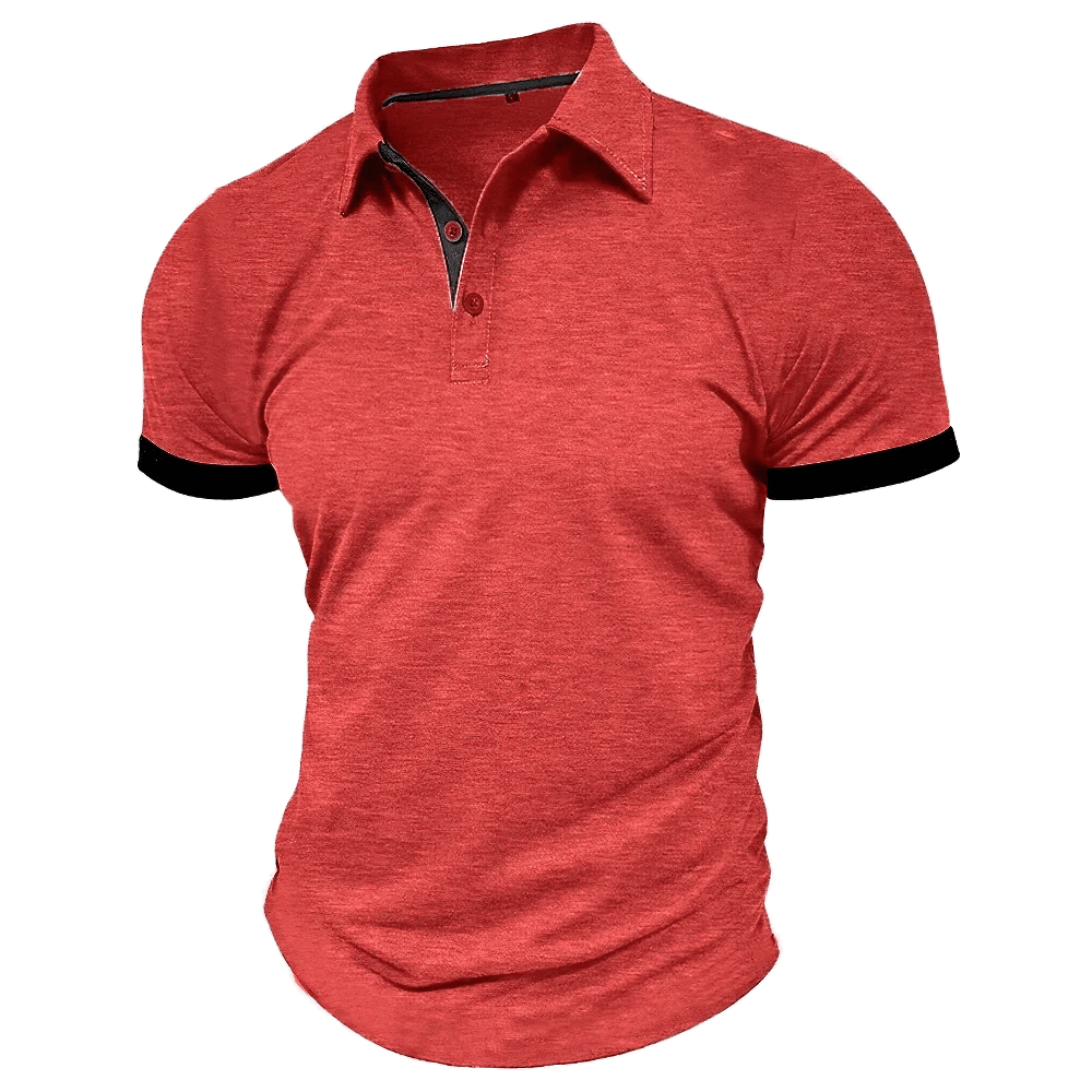 Alt Tag: Men's Contrast Trim Short-Sleeved Polo Shirt - SF4351 red short-sleeve polo with black contrast trim collar and cuffs