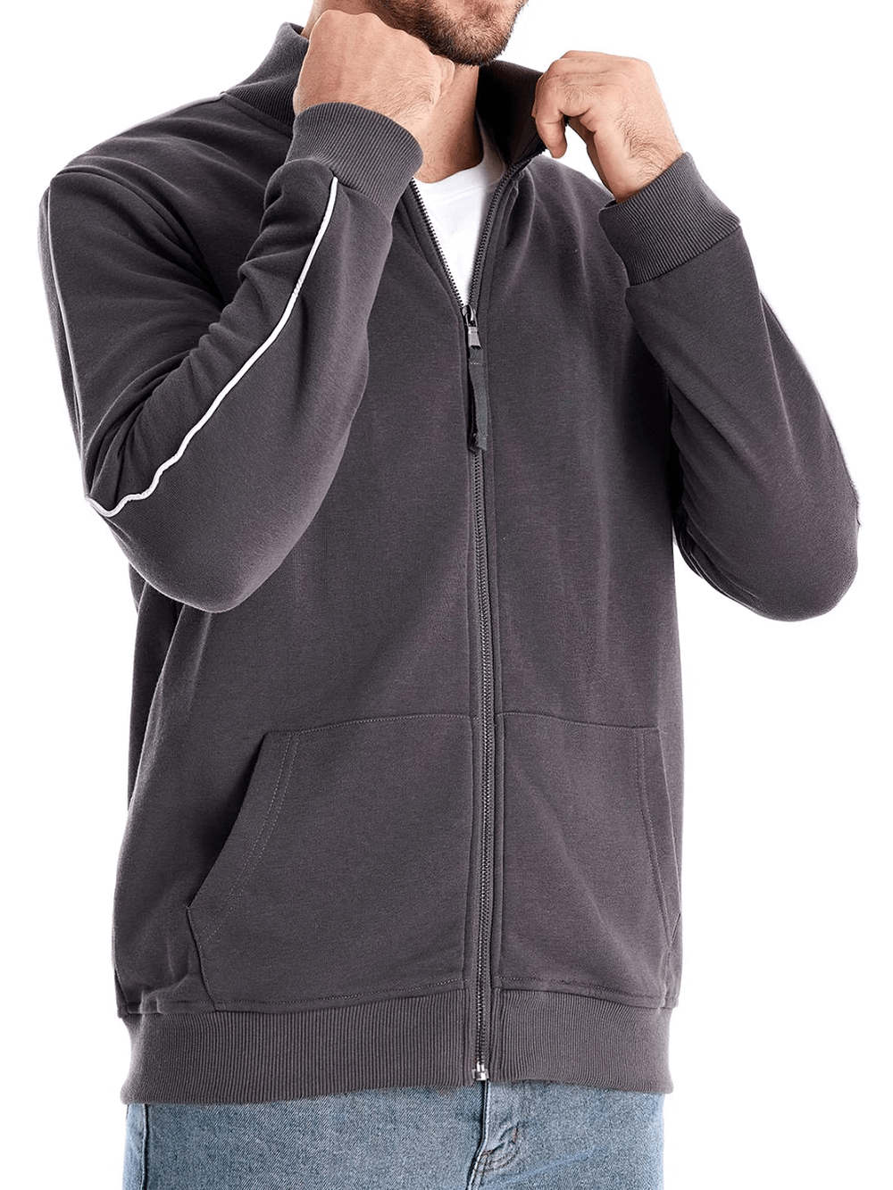 Men's cotton blend sweatshirt with zip front, full sleeves, and stand collar. Ideal for casual wear and sports. Dark color shown.