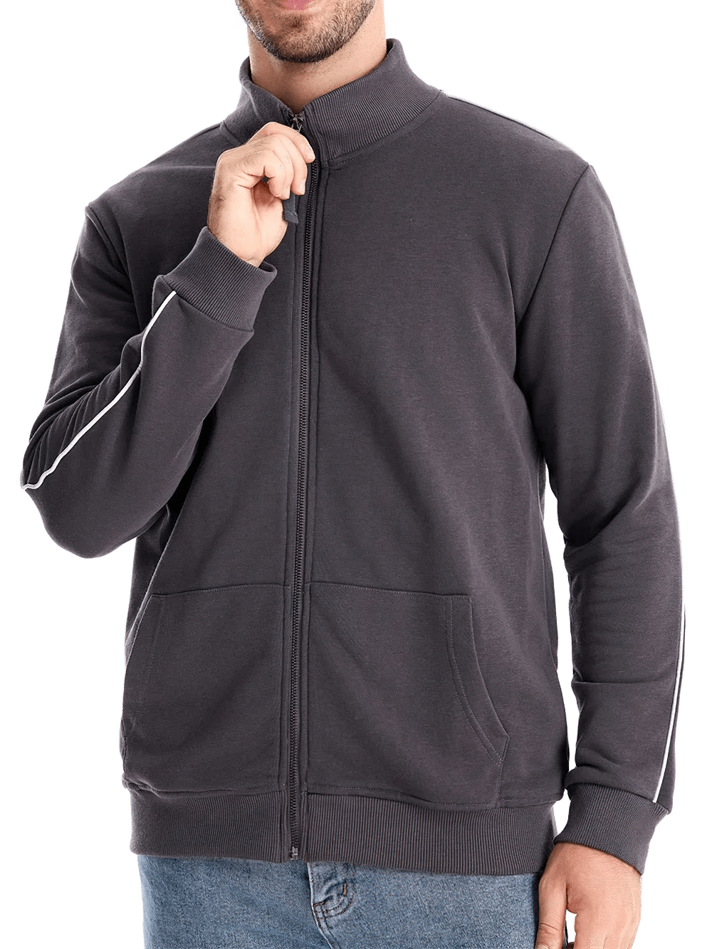 Men's charcoal cotton blend sweatshirt with zip front, perfect for casual wear and sports. Full sleeves and stand collar for comfort.
