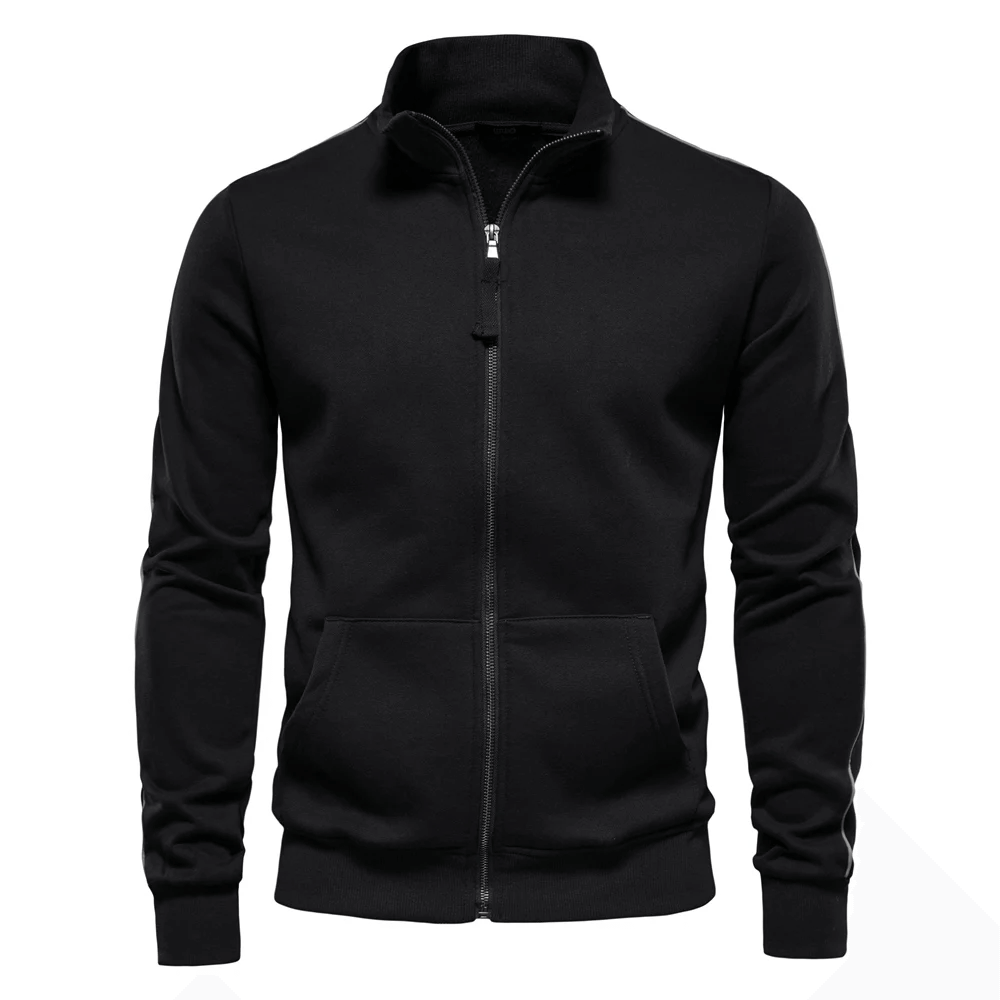 Men's cotton blend sweatshirt with solid zip front, stand collar, full sleeves, in black, ideal for casual wear and sports.