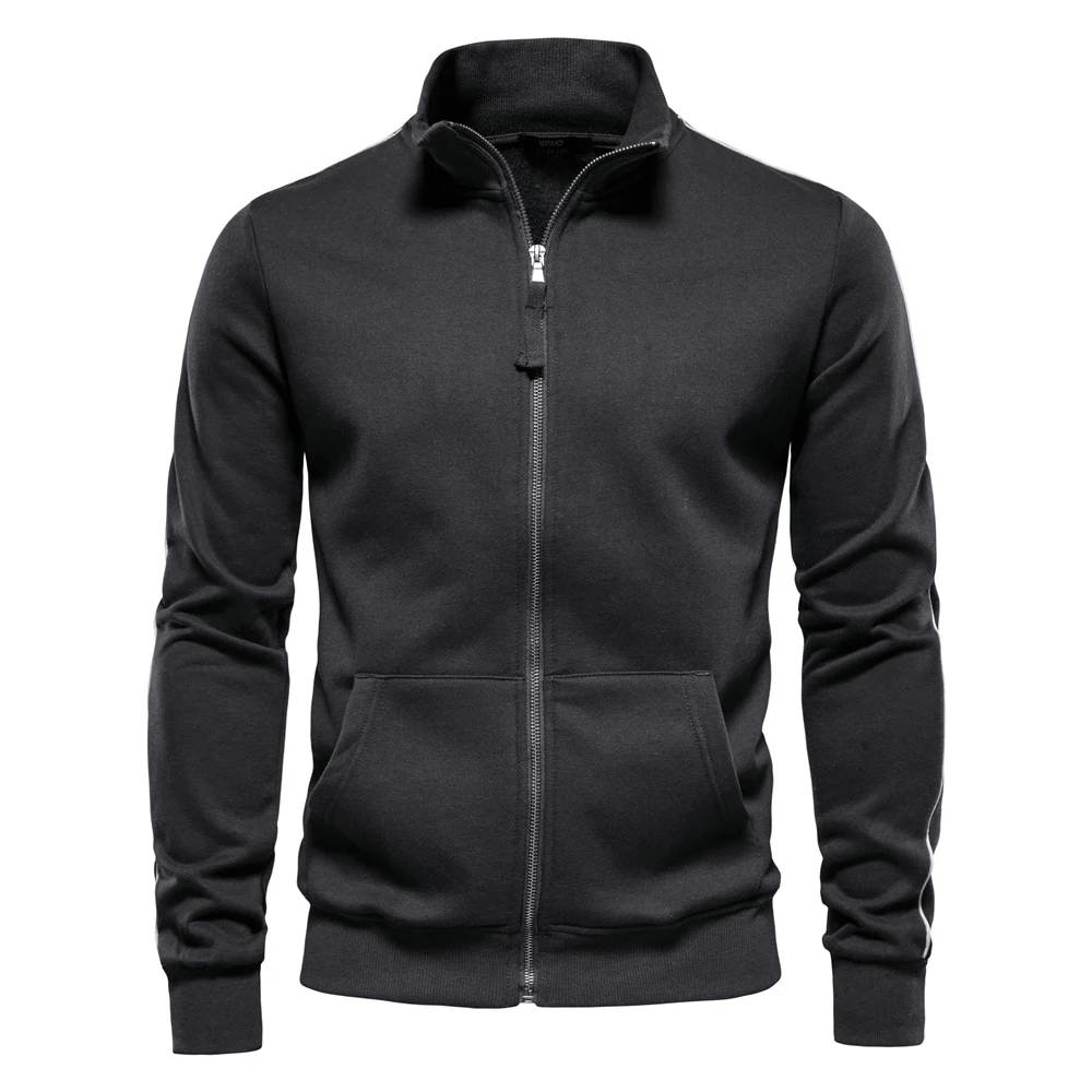 Men's black cotton blend sweatshirt with stand collar and zip front, perfect for casual or sports wear, SF2533 style.