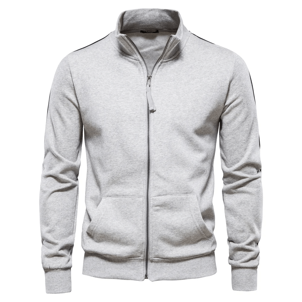 Men's cotton blend zip front sweatshirt SF2533, casual knit outerwear for spring and autumn, with stand collar and full sleeves.