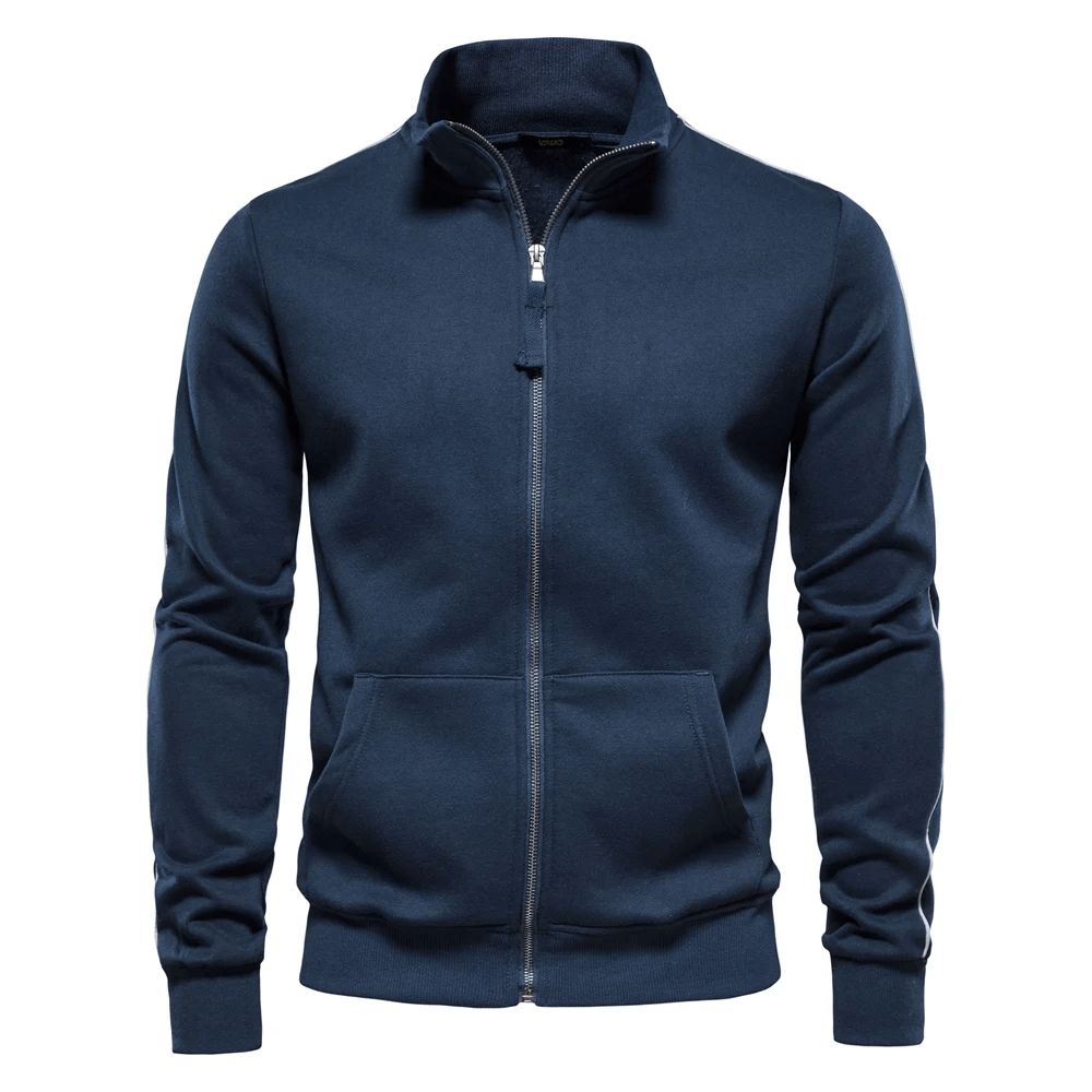 Men's navy cotton blend zip front sweatshirt with full sleeves, stand collar, and regular fit. Ideal for casual and sports wear.