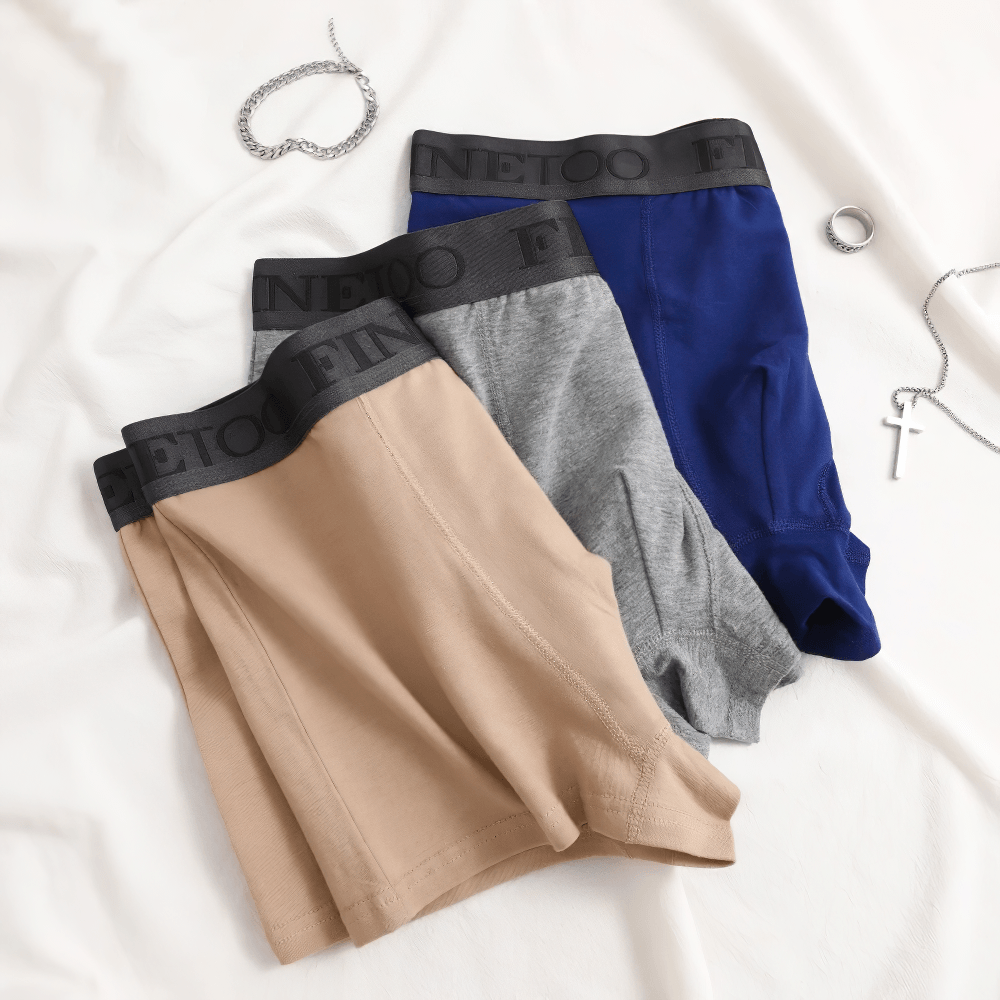 Men's Cotton Boxer Briefs with Letters Waistband - SF4676 in light gray, apricot, and blue.