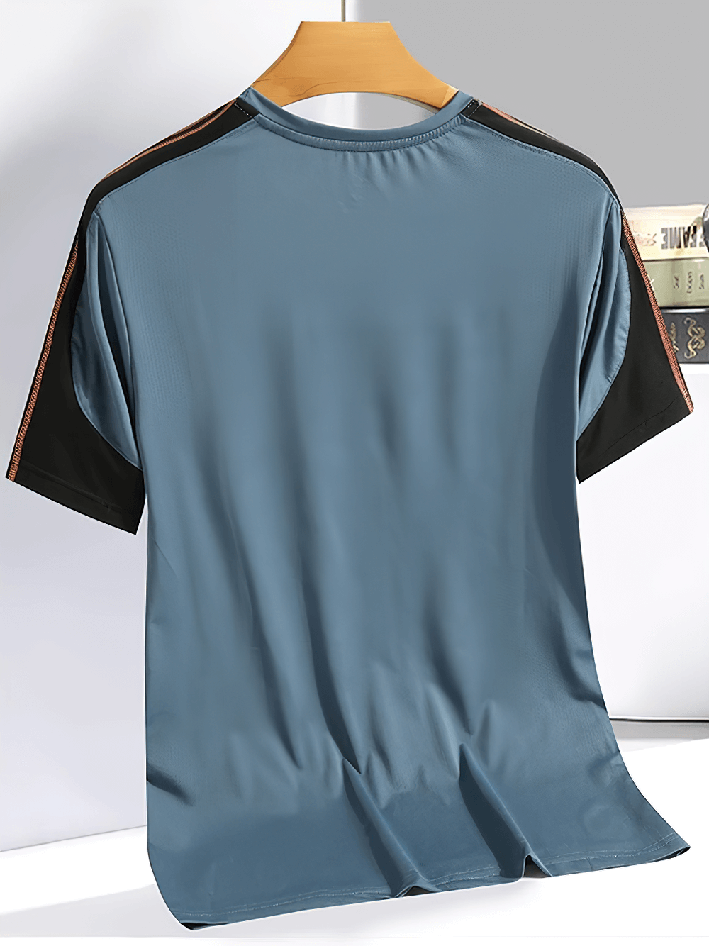 Alt Tag: Men's Crewneck Sports T-Shirt with Contrast Sleeves - SF4417 blue crewneck athletic tee with contrast sleeves and shoulder stripe