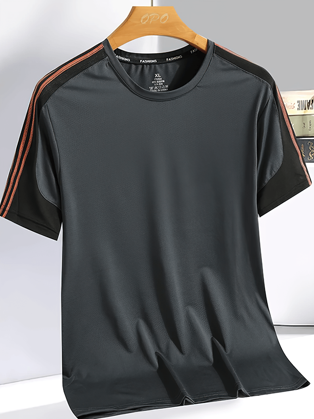 Alt Tag: Men's Crewneck Sports T-Shirt with Contrast Sleeves - SF4417 black crewneck athletic tee with contrast sleeve stripes on hanger