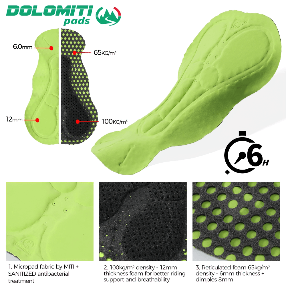 Alt Tag: Dolomiti pads featuring micropad fabric, antibacterial treatment, and dual-density foam for enhanced cycling comfort and breathability.