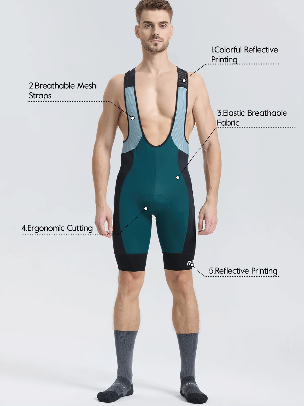 Men's cycling bib shorts with reflective details, breathable mesh straps, ergonomic fit, elastic fabric, and reflective printing.