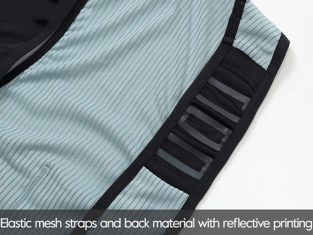 Men’s cycling bib shorts with elastic mesh straps and reflective printing for enhanced visibility.