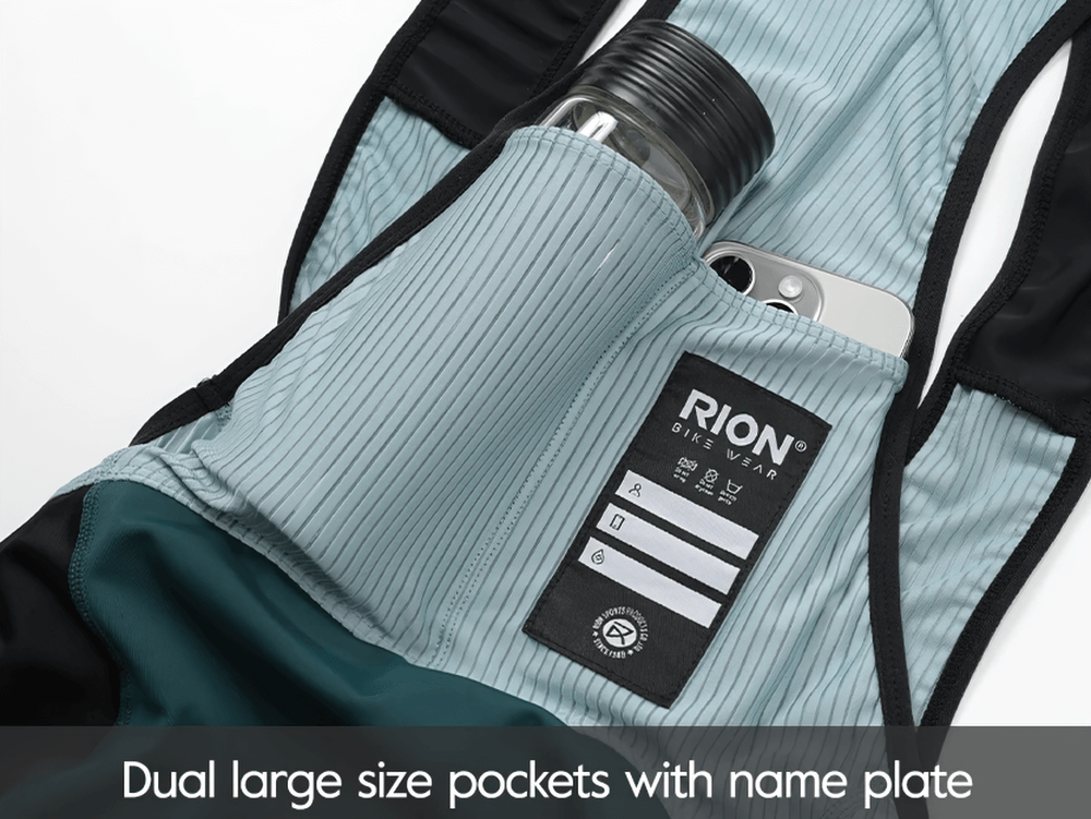 Men's cycling bib shorts with dual large pockets holding a water bottle and phone, featuring reflective details for night rides.