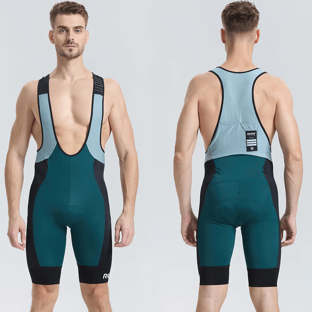 Men's Cycling Bib Shorts SF2599 front and back view, breathable fabric, mesh straps, reflective details for night rides.