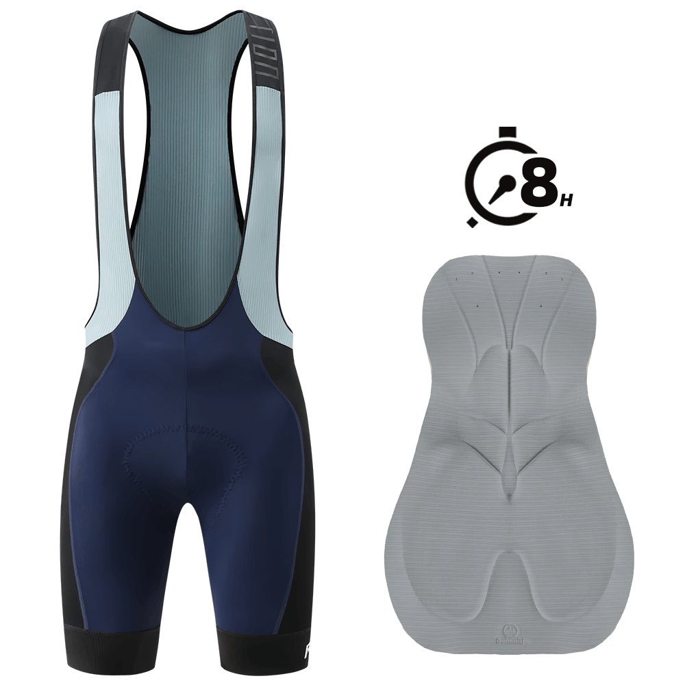 Men's cycling bib shorts with mesh straps and reflective details, featuring ergonomic design and grey padded insert for prolonged comfort.