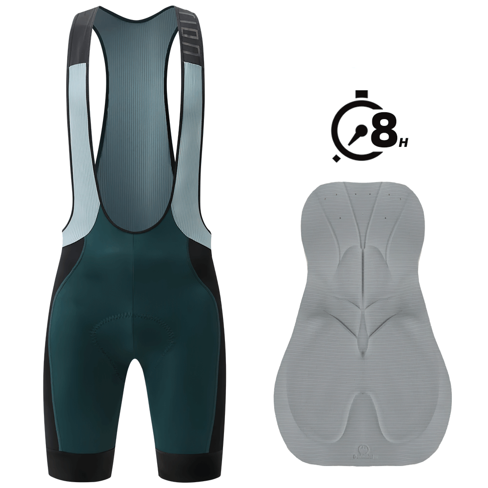 Men's cycling bib shorts with breathable mesh straps and ergonomic padding, featuring reflective details for enhanced night visibility.