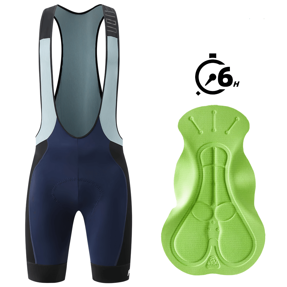 Men's Cycling Bib Shorts SF2599 with mesh straps and reflective details, shown with ergonomic green padding for long rides.