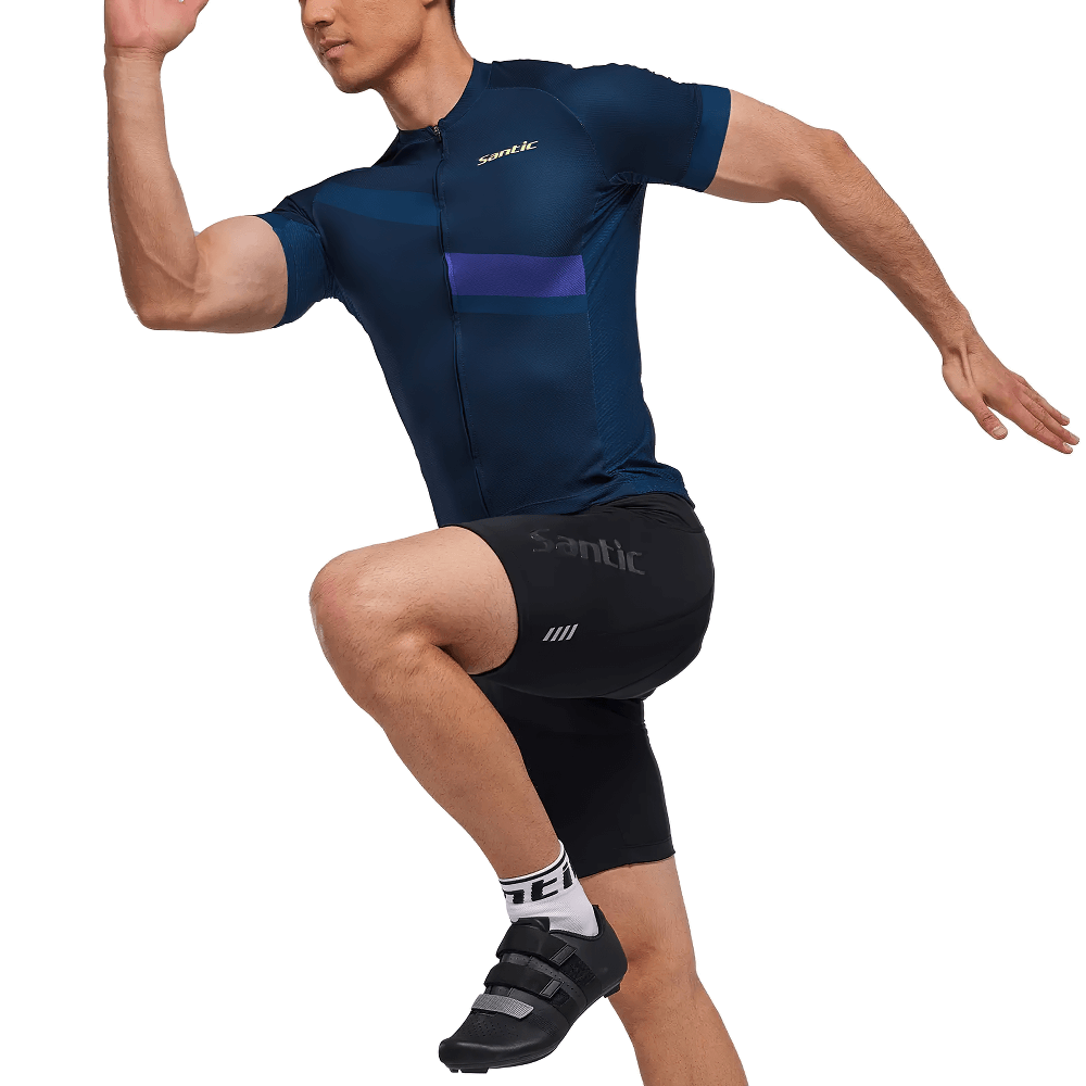 Men's cycling jersey and padded shorts set SF2595 for pro cycling, featuring moisture-wicking fabric, and reflective safety strips.