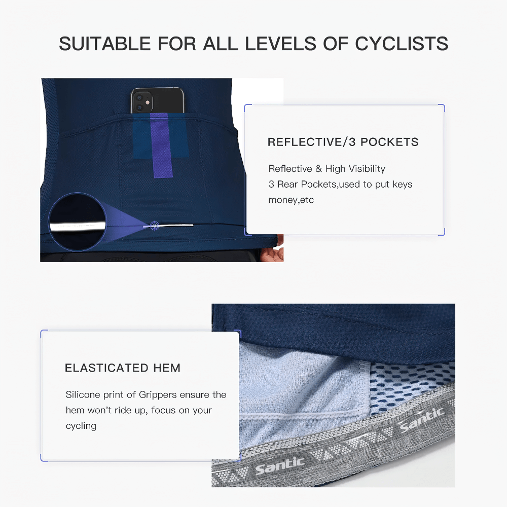 Men's cycling jersey with reflective pockets and elastic hem, showing secure storage and support for all levels of cyclists.