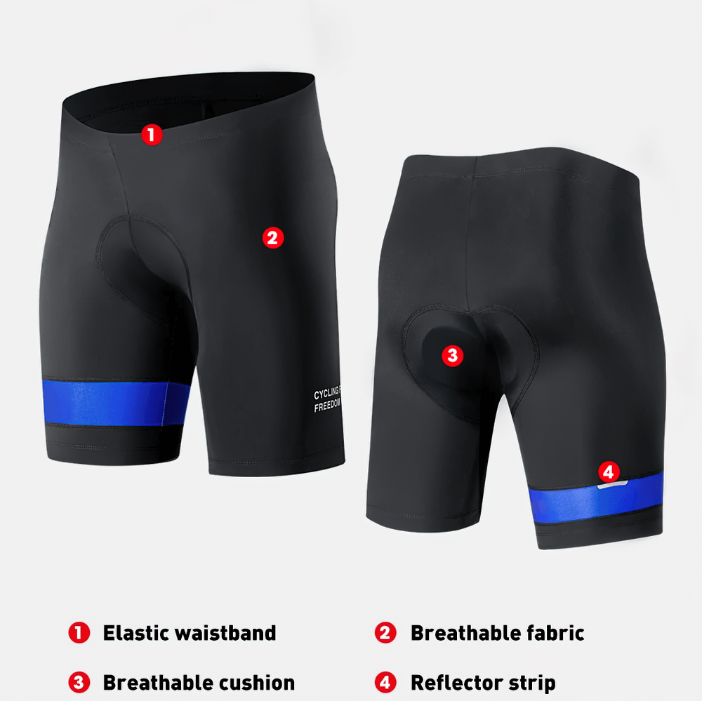 Men's padded cycling shorts with elastic waistband, breathable fabric, 3D cushion, and reflector strip for enhanced comfort and visibility.