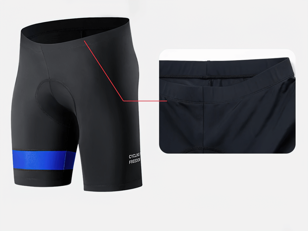 Men's padded cycling shorts with blue stripe detail and secure rear pocket, featuring breathable and moisture-wicking fabric.