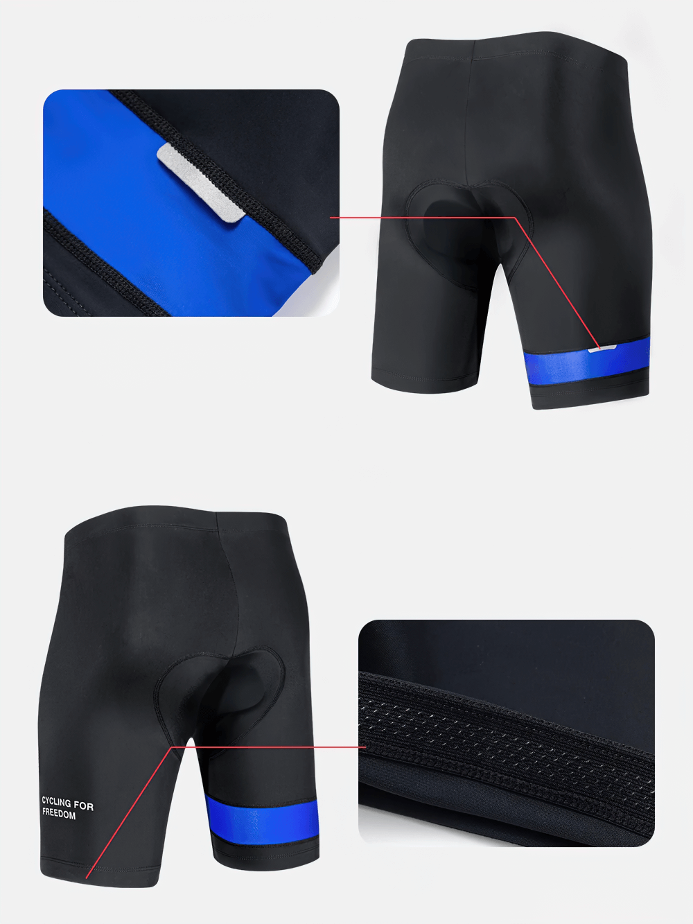 Men's cycling shorts with blue detail, showing elastic waistband and 3D padding for shock absorption. SF2595 cycling gear highlights.