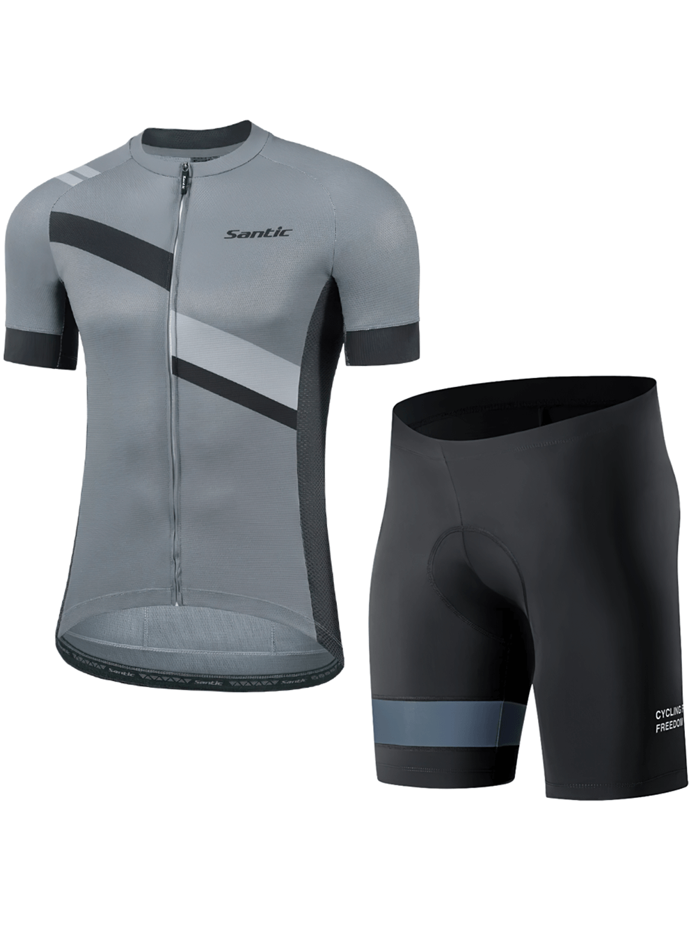 Men's cycling jersey and padded shorts set SF2595 in grey and black. Moisture-wicking fabric, elastic waistband, reflective strips.