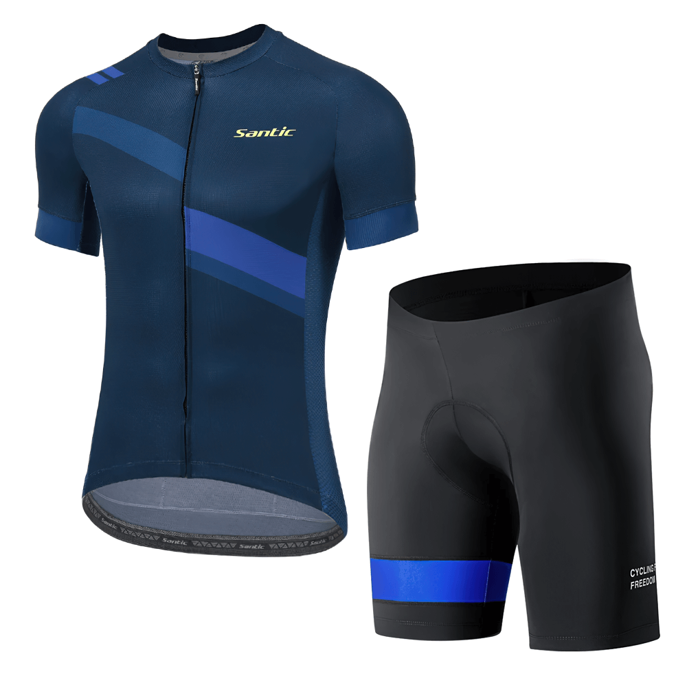 Men's pro cycling jersey and padded shorts set SF2595 with moisture-wicking fabric and reflective strips for night rides.