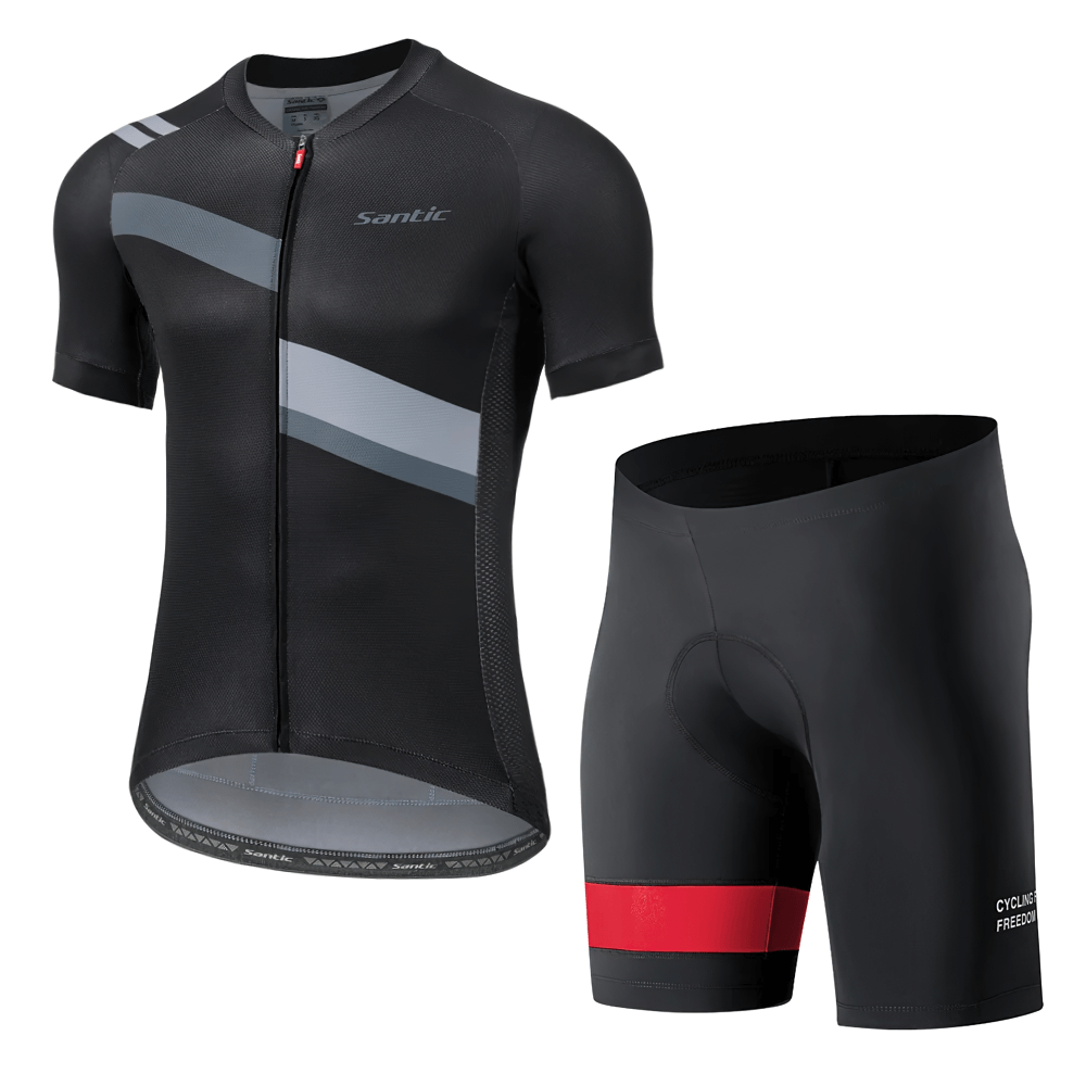 Men's Cycling Jersey and Padded Shorts Set - SF2595, moisture-wicking, shock-absorbing pro kit with reflective strips and rear pockets.