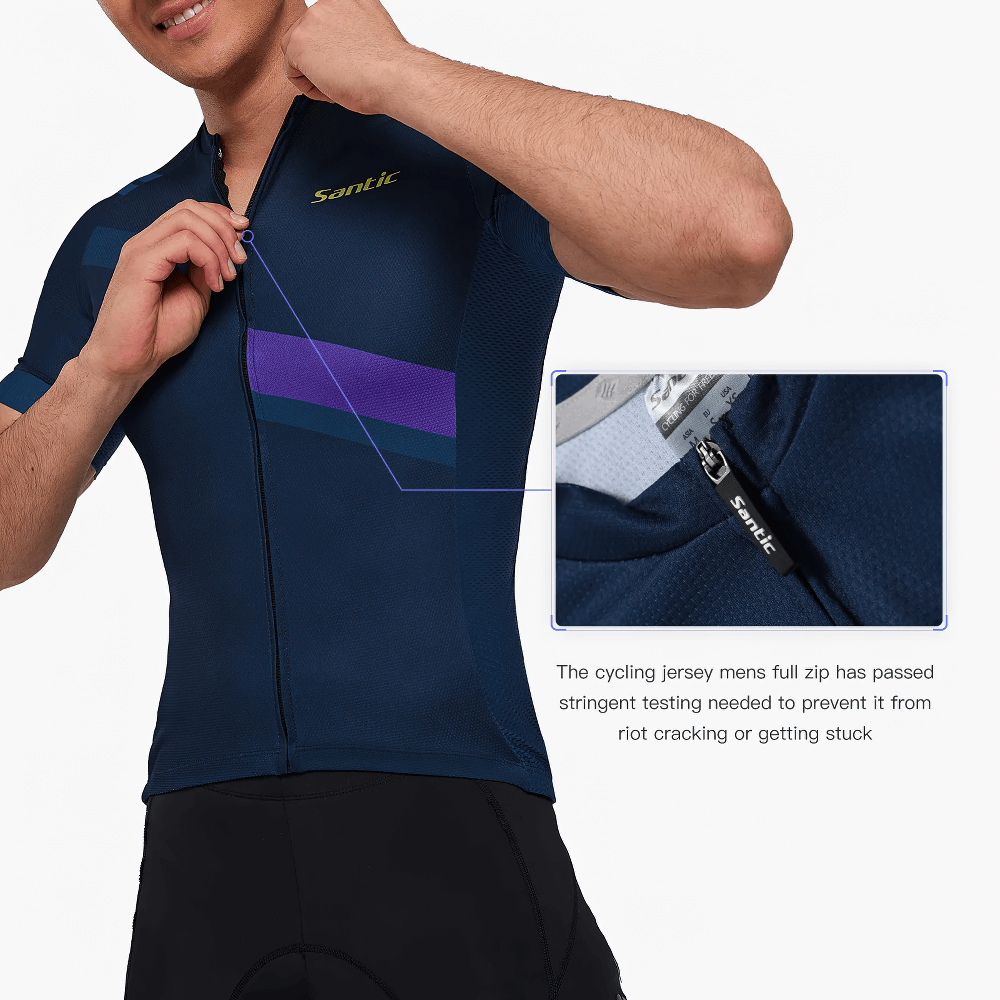 Men's cycling jersey with padded shorts set, featuring moisture-wicking fabric and full zip, model demonstrating zip closure.