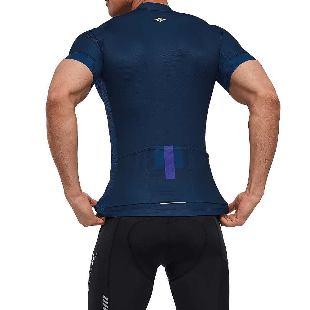 Man wearing Men's Cycling Jersey and Padded Shorts Set SF2595, showcasing breathable fabric and reflective strips for night rides.