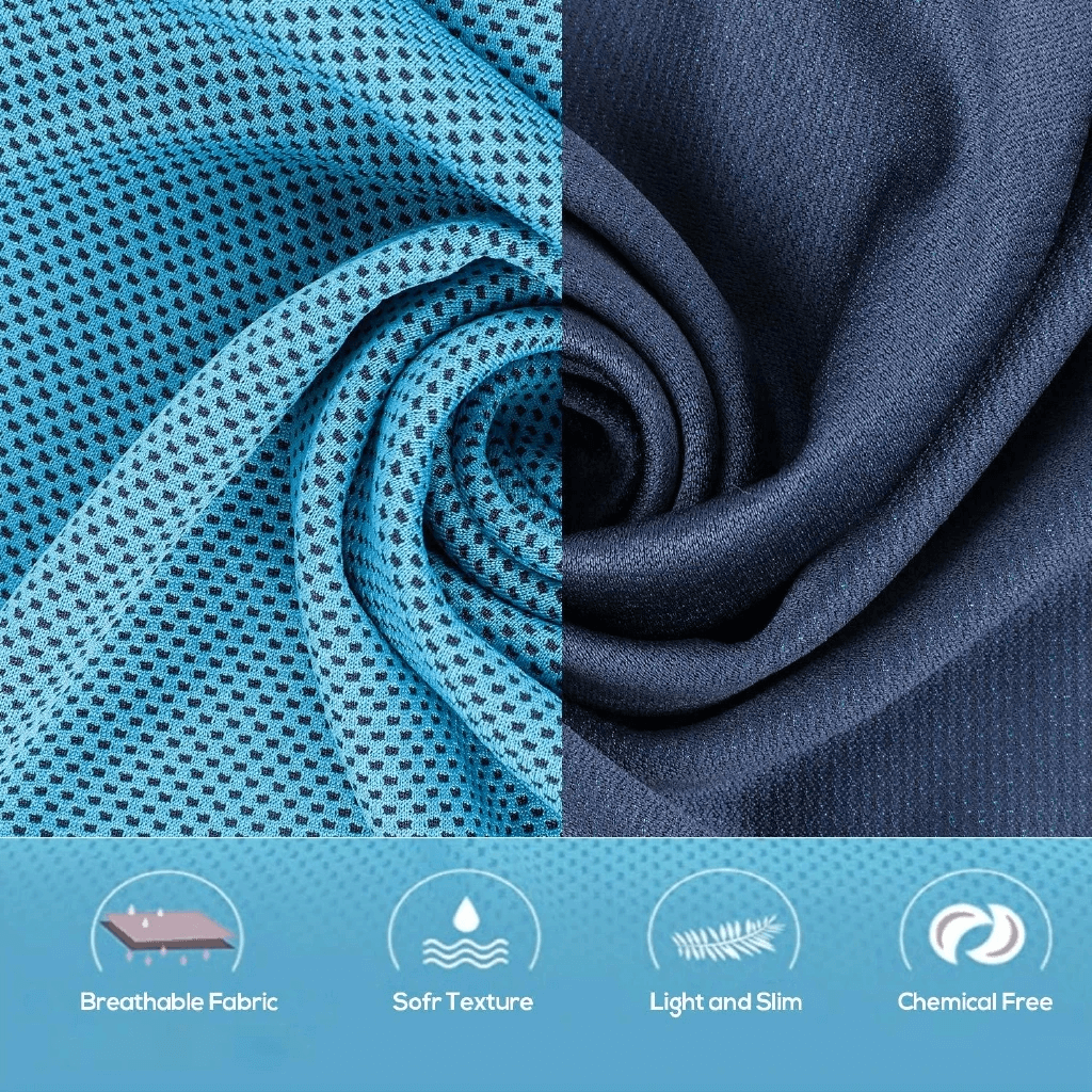 Close-up of breathable, light blue mesh and navy cycling jersey fabric with icons for breathable, soft, light, and chemical-free features