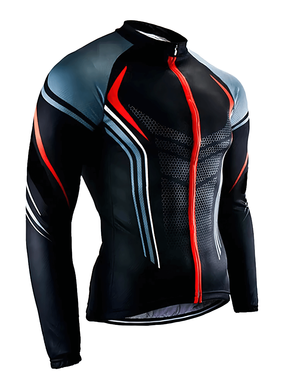 Men's cycling jersey with ergonomic fit and breathable fabric, featuring sleek black and red design, perfect for optimal performance.