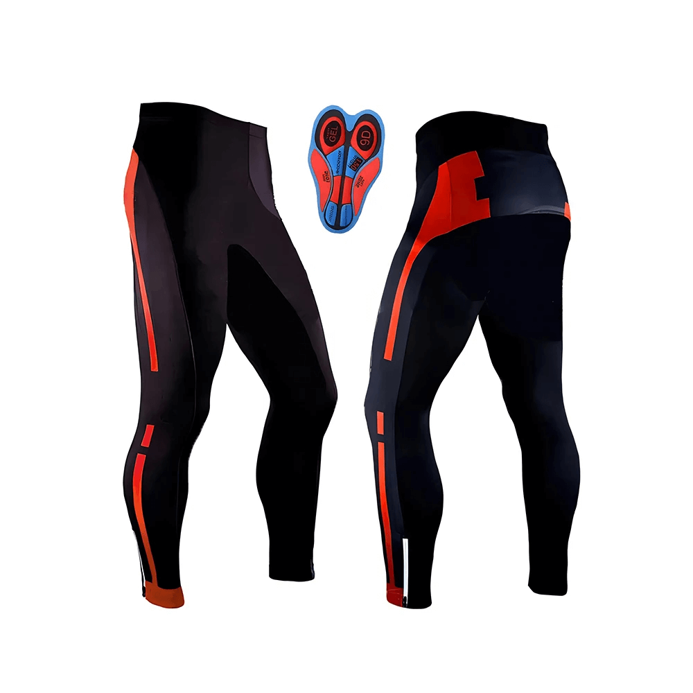 Men's cycling jersey set with breathable quick-dry fabric and shockproof 9D gel padded bib pants, black and red design.