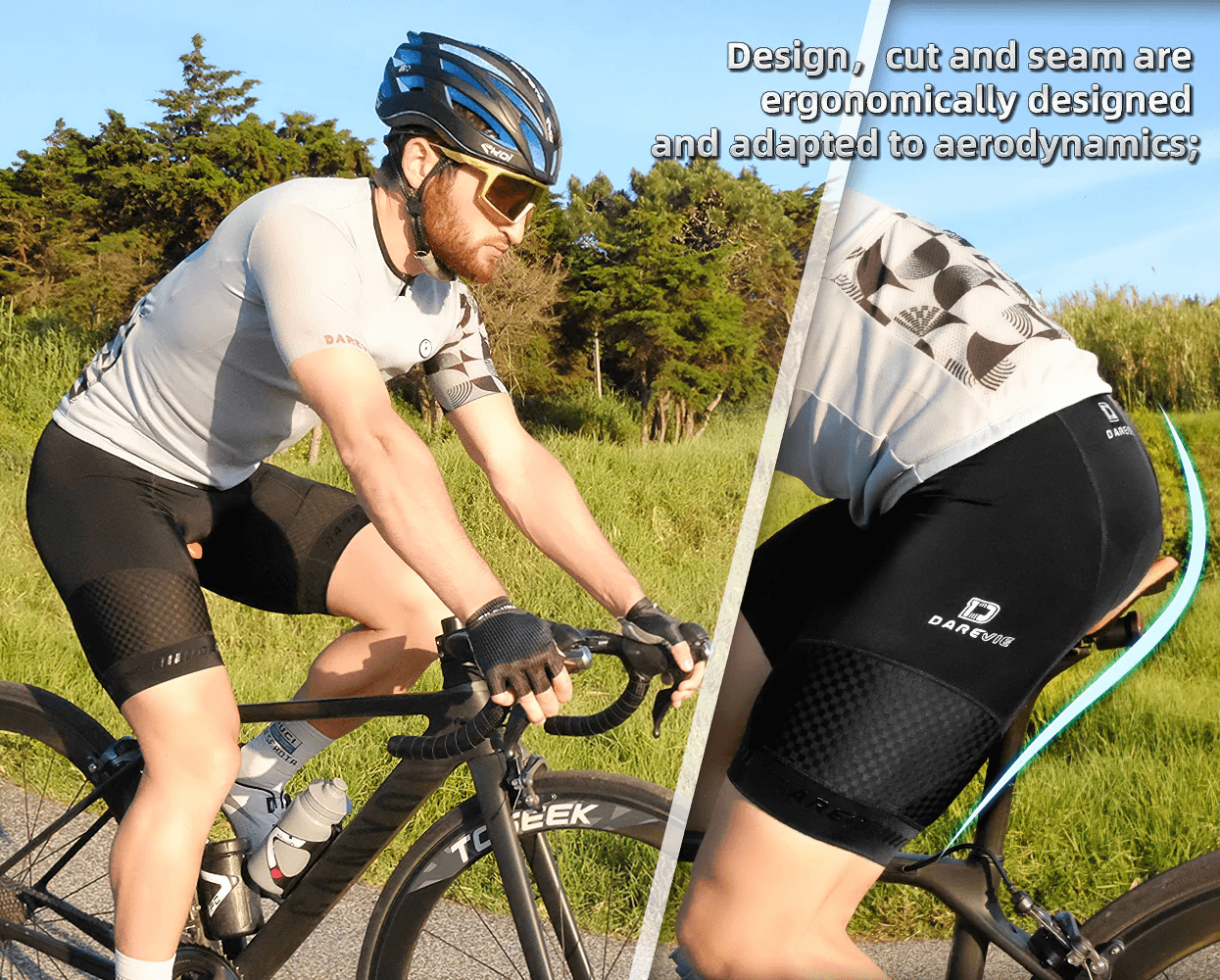 Cyclist wearing men's cycling shorts with gel pad for 6-hour rides, featuring ergonomic design, side view on a sunny day.