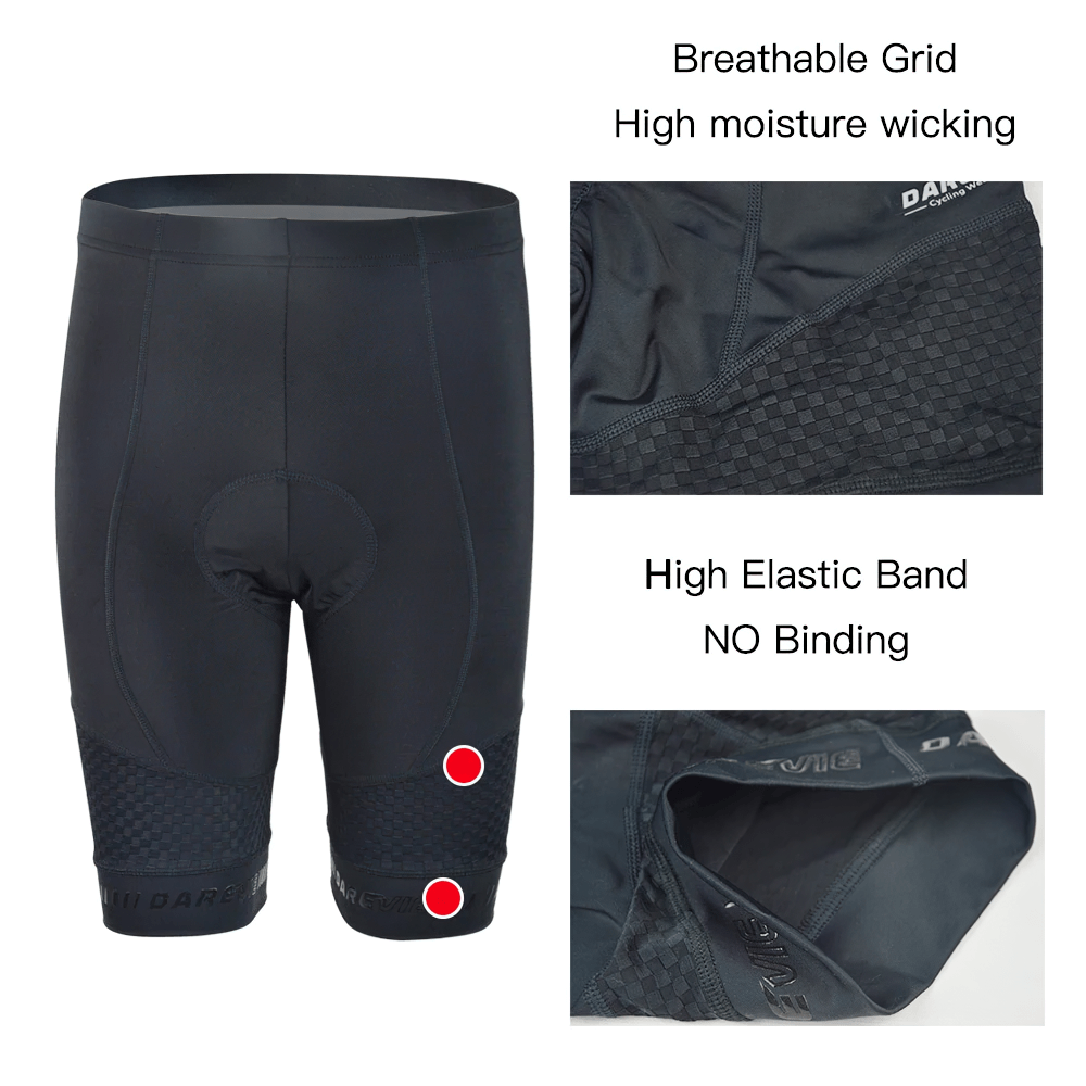 Men's cycling shorts with gel pad and breathable grid, featuring high moisture wicking and elastic band. Designed for 6-hour rides.