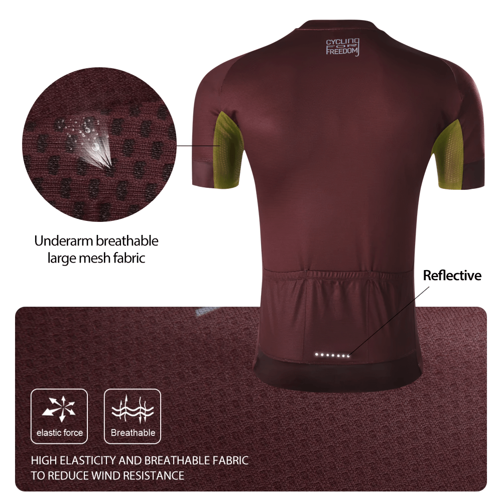 Men's cycling top features breathable mesh and reflective details for MTB and road racing; highlights maroon color.