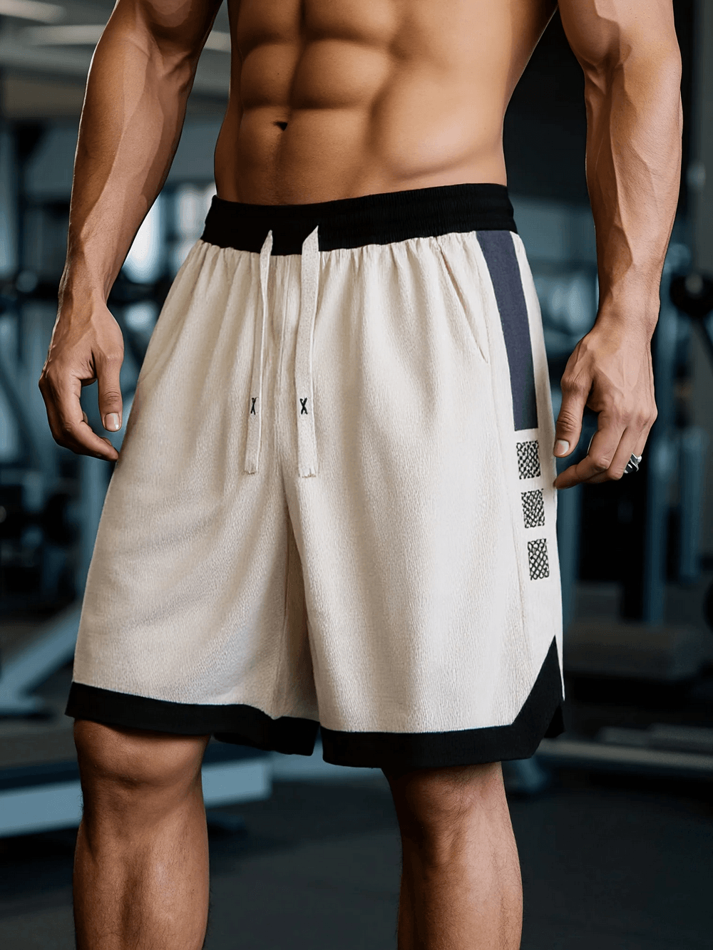 Men's Drawstring Gym Shorts with Contrast Panels - SF4575 in light fabric, showcasing graphic side trim and elastic waist.
