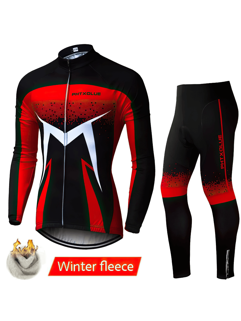 Men's Thermal Fleece Cycling Jersey Set in red and black for winter rides, with full zipper and long sleeves.