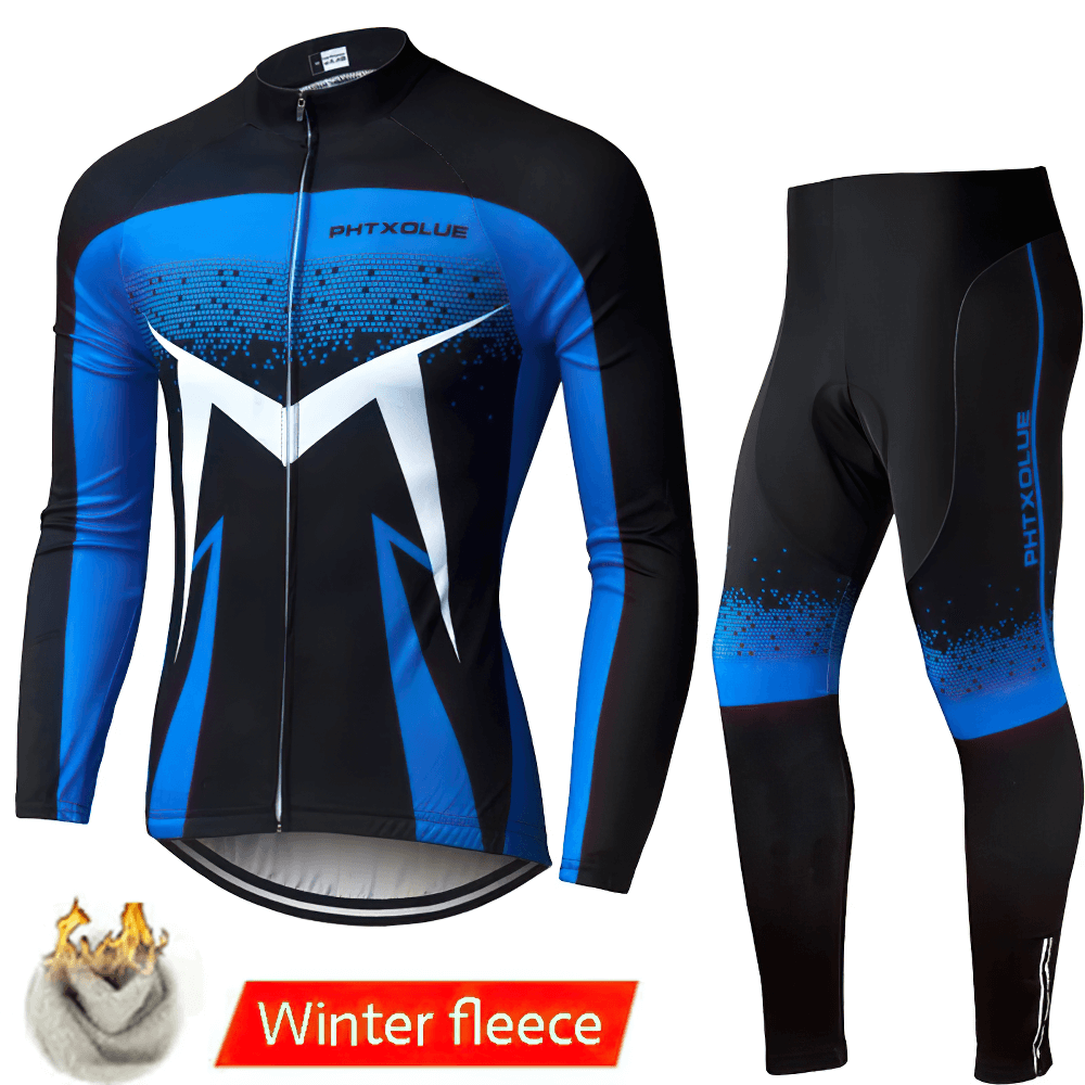 Men's Winter Fleece Cycling Jersey Set SF2609 in blue and black, featuring thermal design for cold-weather rides.