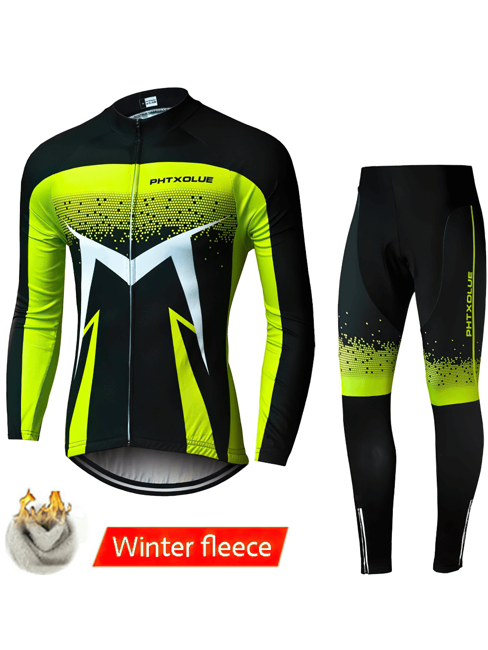 Men's thermal fleece cycling jersey set in black and yellow, ideal for winter bike rides.